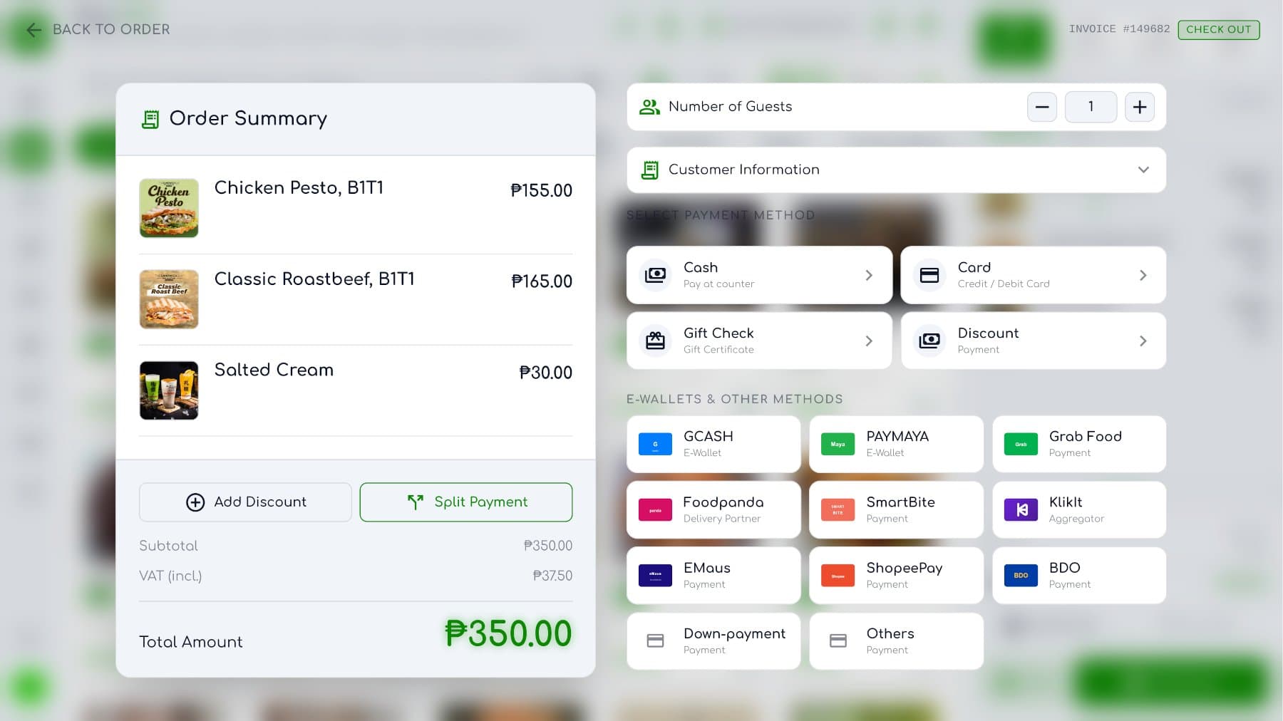 BOSS POS Checkout — order summary with multiple payment methods including GCash, Maya, and cards