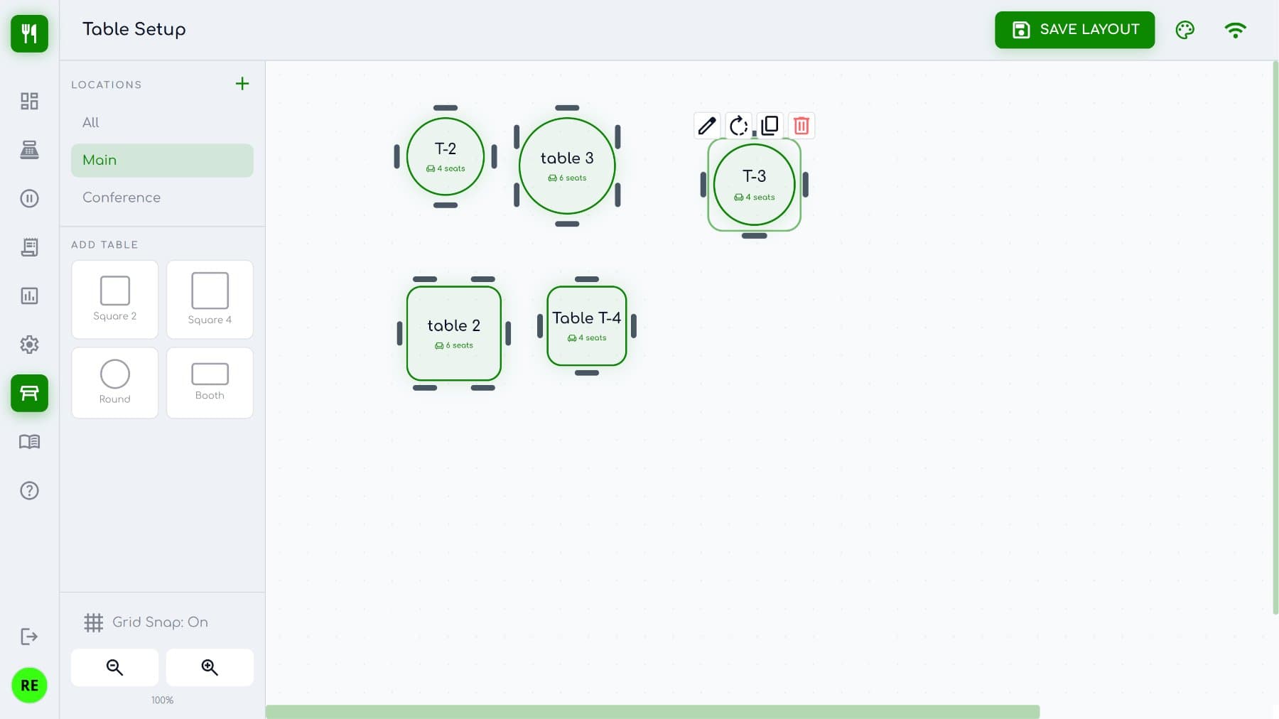 BOSS POS Table Setup — drag-and-drop table layout with shapes and zones