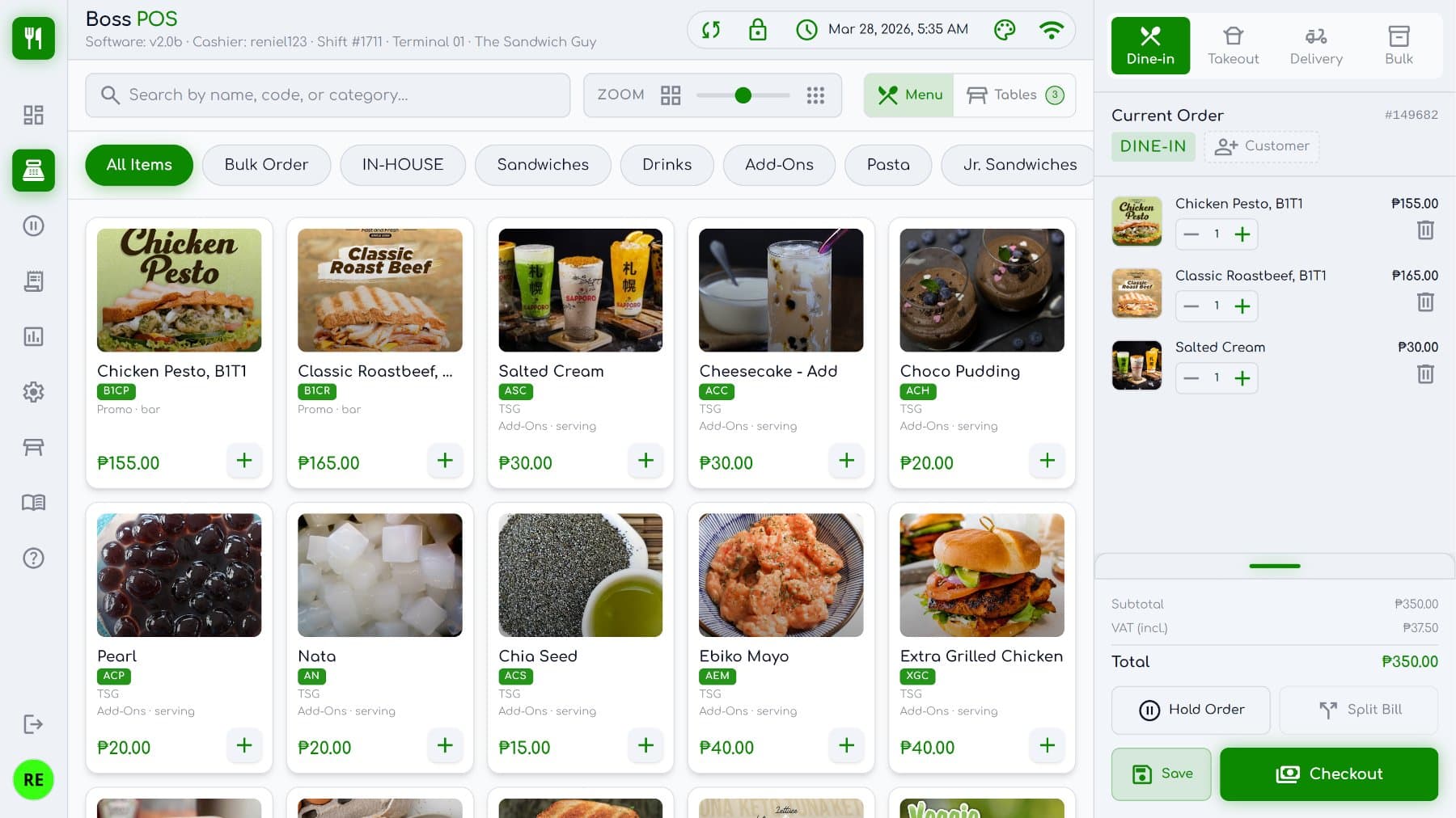 BOSS POS Terminal — touchscreen ordering interface with product catalog and order panel